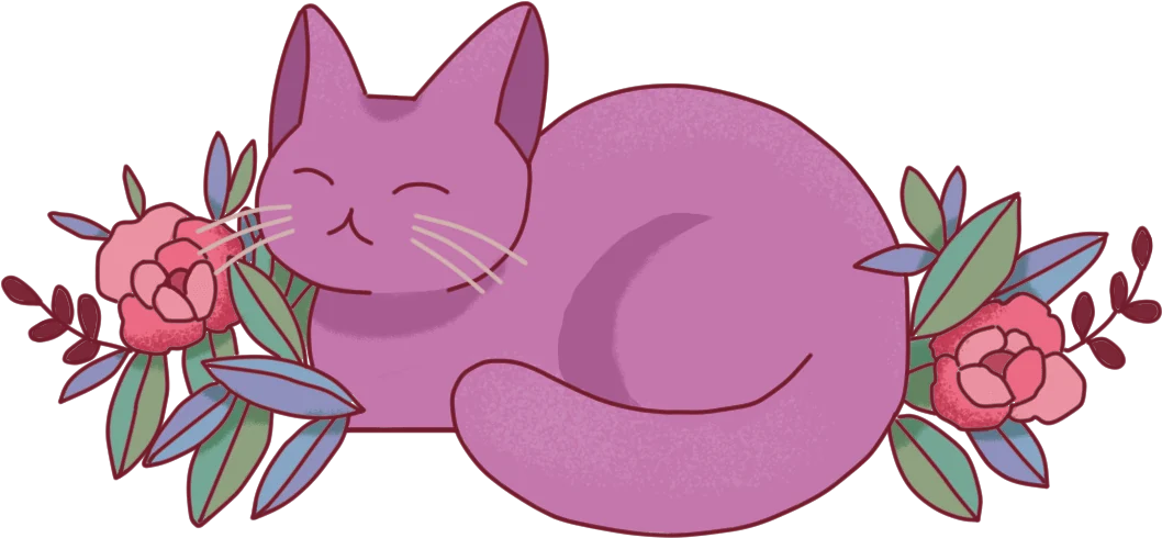 The Purrple Cat mascot curled up asleep between pink flowers